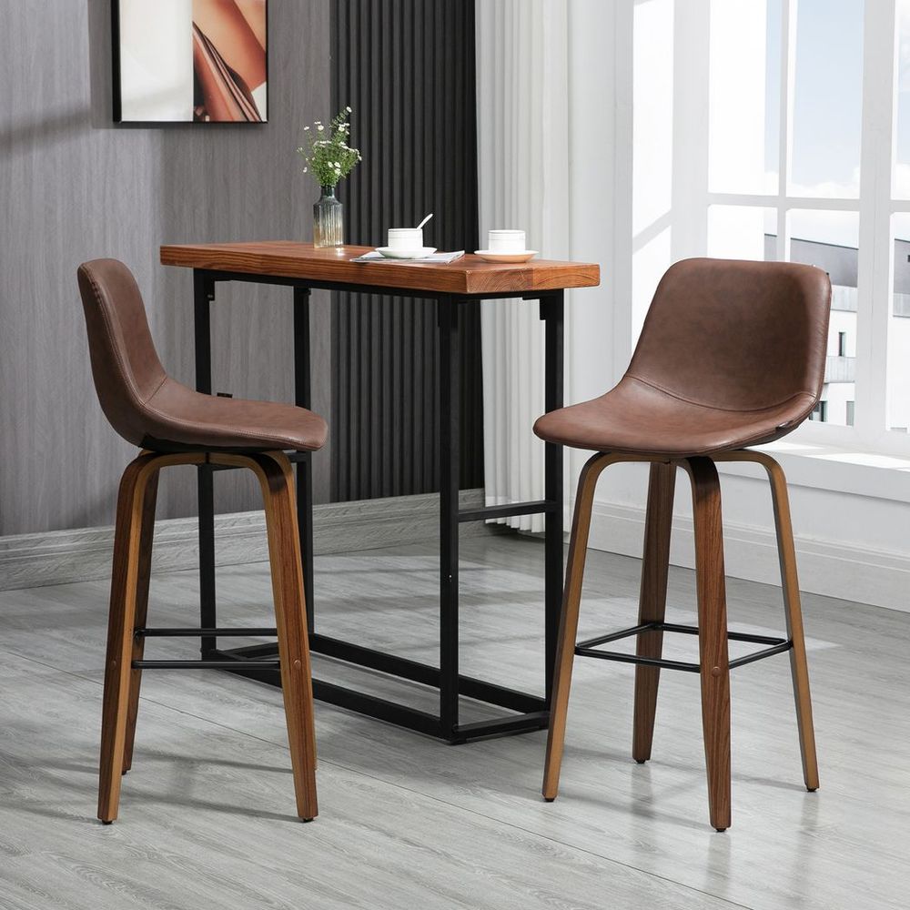 Retro Charm: HOMCOM Set of 2 Mid-Back Bar Stools with Wood Legs, Brown