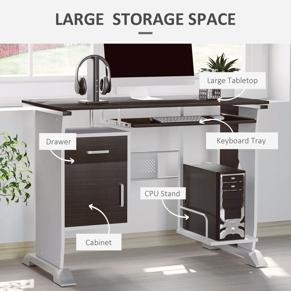 Stylish Compact Wooden Computer Desk with Keyboard Tray & Storage Drawers