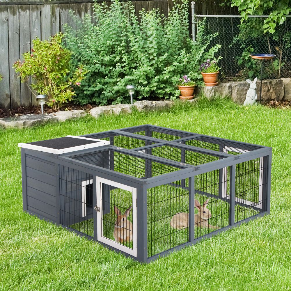 Cozy PawHut Guinea Pig Hutch with Open Roof & Spacious Run - Safe Play Space!