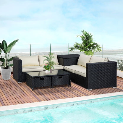 Stylish 4-Piece Rattan Wicker Garden Sofa Set with Storage & Table - Black
