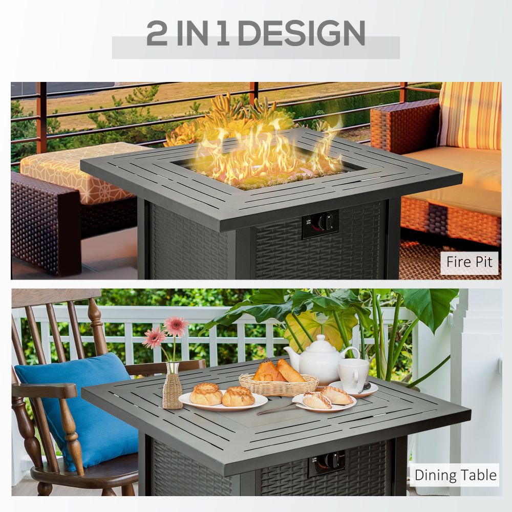 Stylish Square Propane Fire Pit Table with Rattan Design & Smokeless Flame