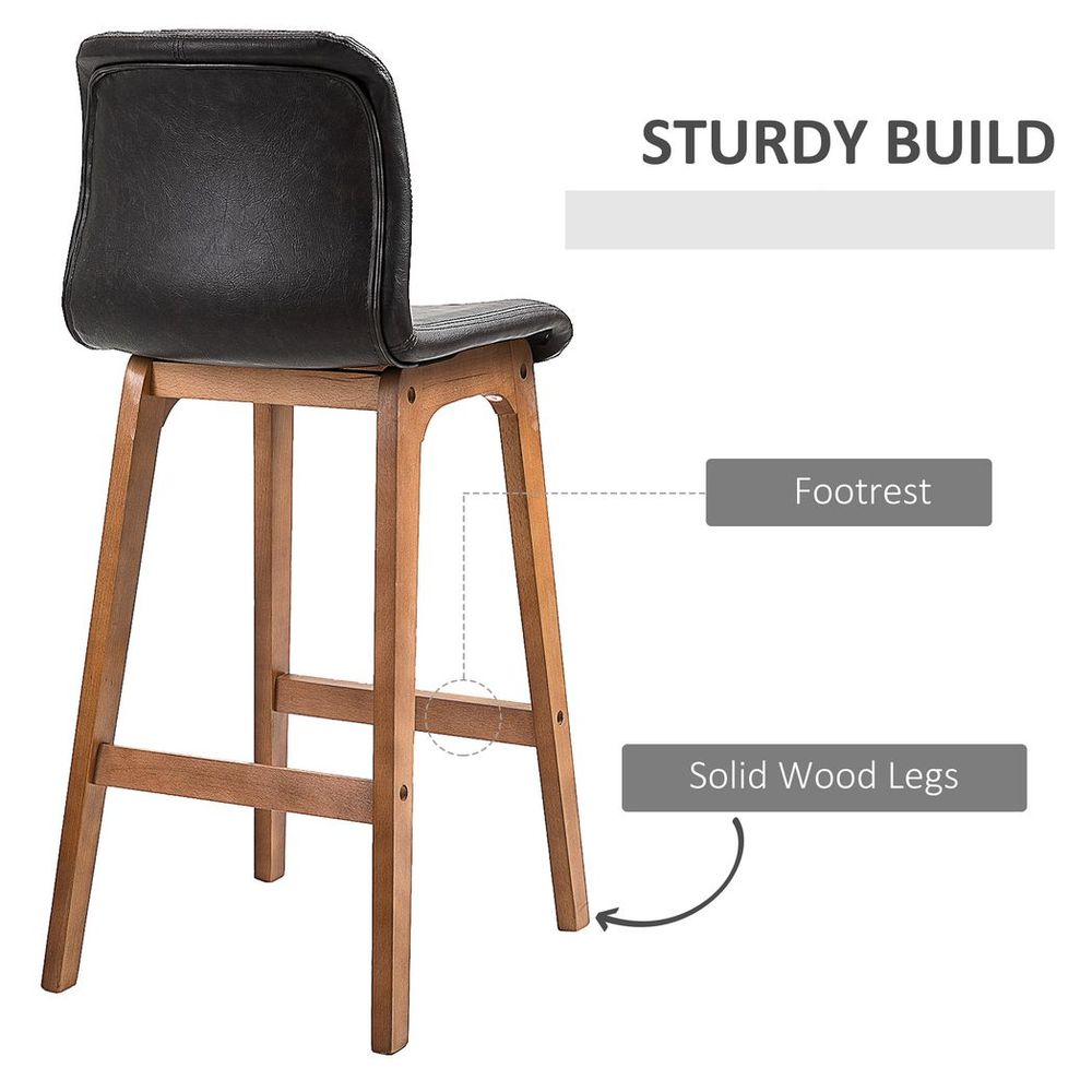 Chic Faux Leather Bar Stool Set - 93cm High Back, Brown Wooden Frame, 2 Pieces