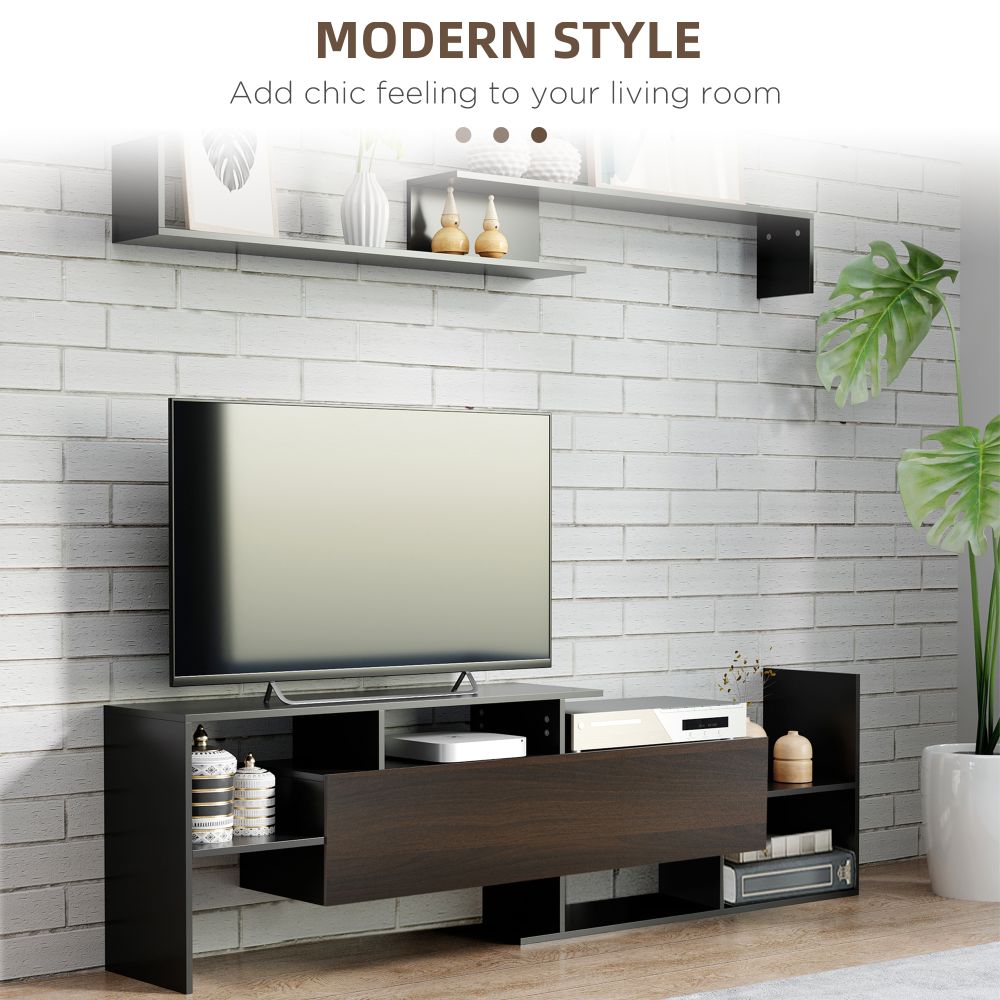 Modern HOMCOM TV Cabinet & Floating Shelf Set - Stylish Black & Brown Design