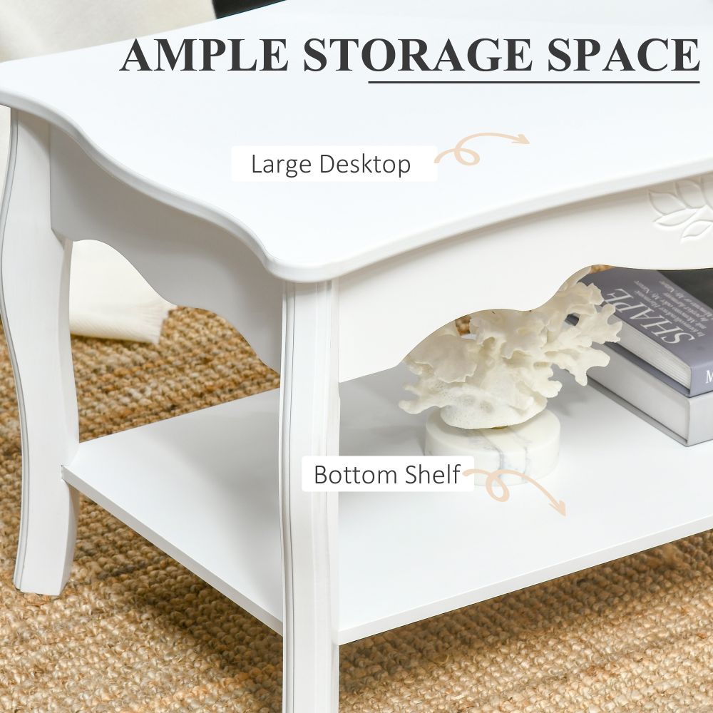 Modern White Coffee Table with Curved Legs & Storage Shelf - 94x44x42 cm