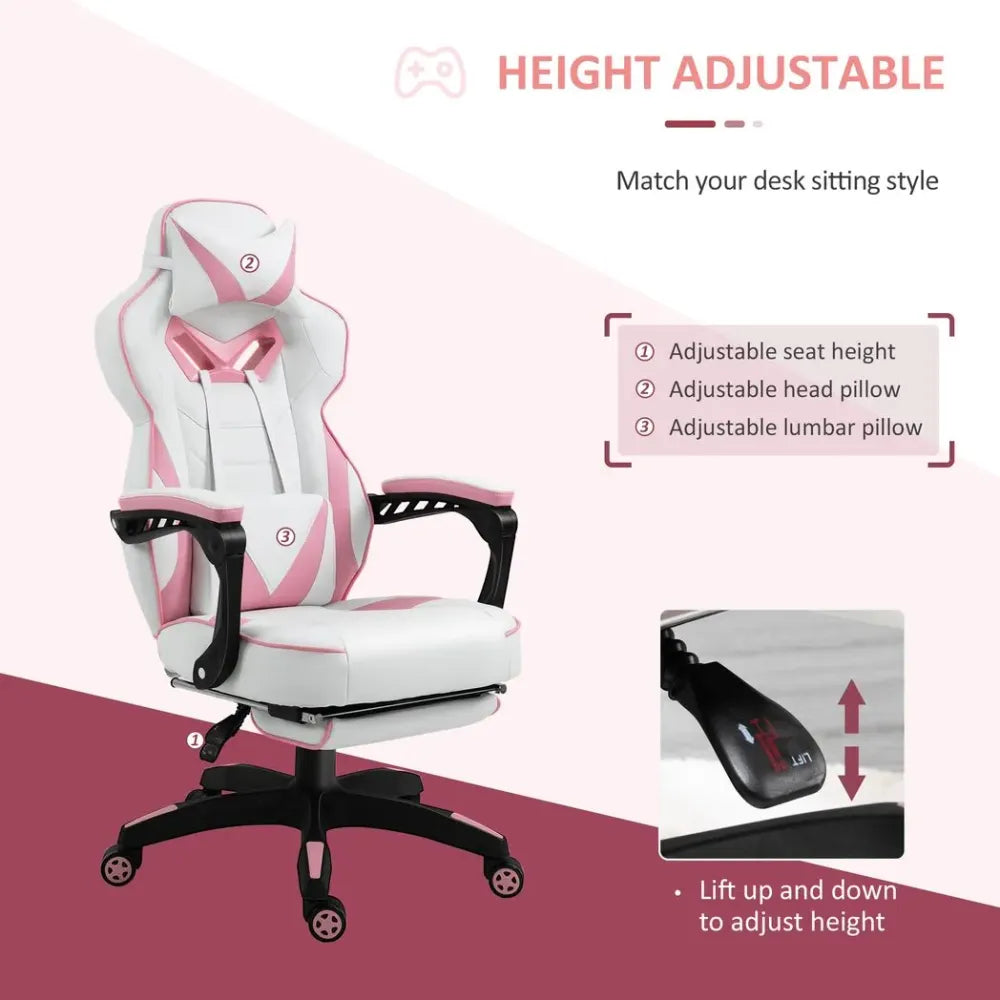 Vinsetto Ergonomic Gaming Chair - Reclining, Footrest & Stylish Pink Design