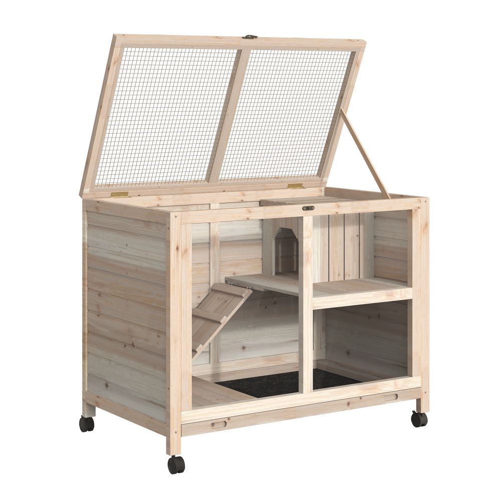 Natural Indoor Rabbit & Guinea Pig Hutch with Openable Roof and Wheels