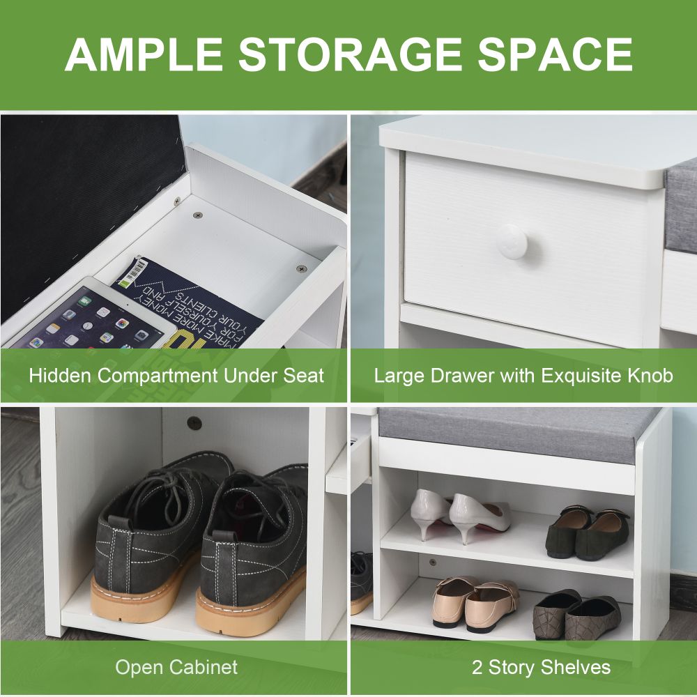 Stylish Multi-Storage Shoe Bench with Cushioned Seat & Three Compartments