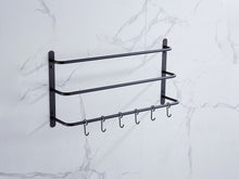Load image into Gallery viewer, THREE Stagger Layers Towel Rack Upgraded with SIX Movable Hooks Stainless Steel Towel Bars Bathroom Accessories Set for Hanging Bath Sponge and Towels Matte Black 23.62 inches KJWY005HEI-60CM
