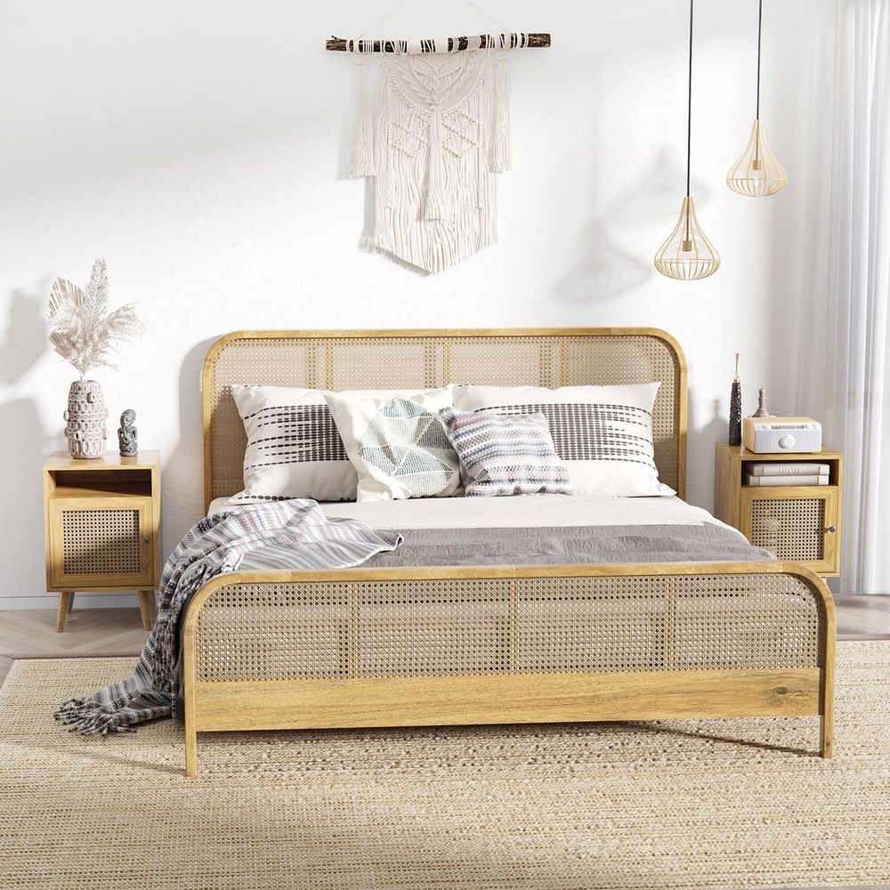 Rustic Elegance: HOMCOM Rattan Nightstand with Cabinet & Shelf for Chic Spaces