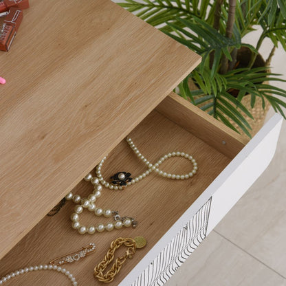 Nordic Elegance Wooden Dressing Table with Round Mirror & Spacious Drawer