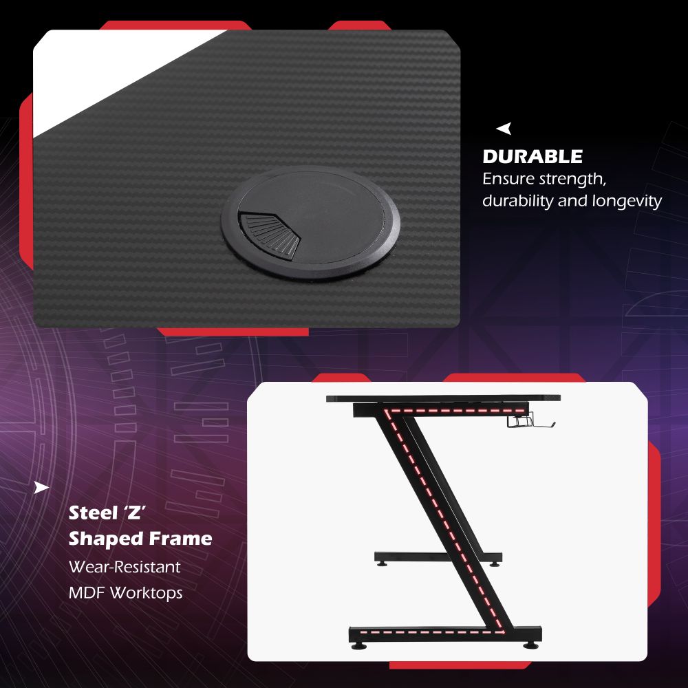 Ultimate Gaming Desk with Steel Frame, Cup Holder & Headphone Hook - Black