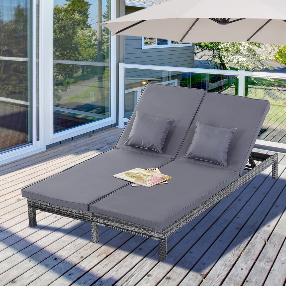 Double Adjustable Rattan Lounger Set with Cushions - Stylish Outdoor Comfort