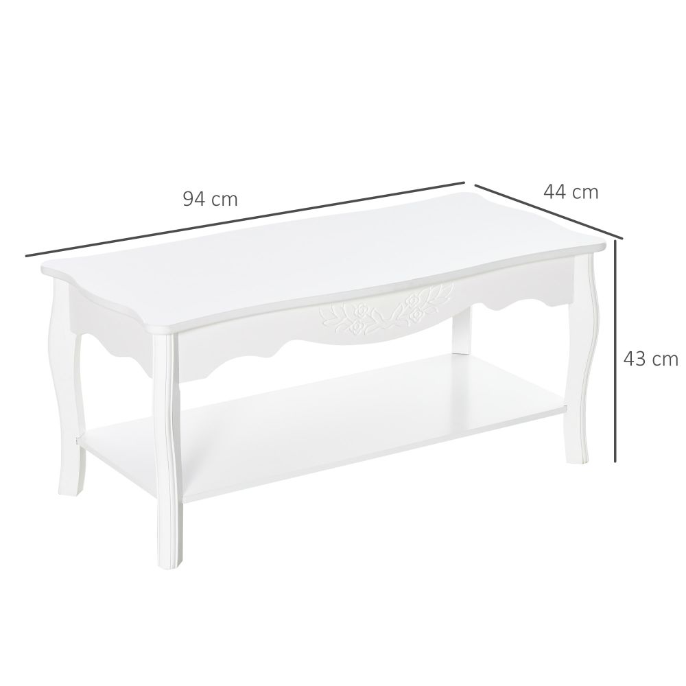 Modern White Coffee Table with Curved Legs & Storage Shelf - 94x44x42 cm
