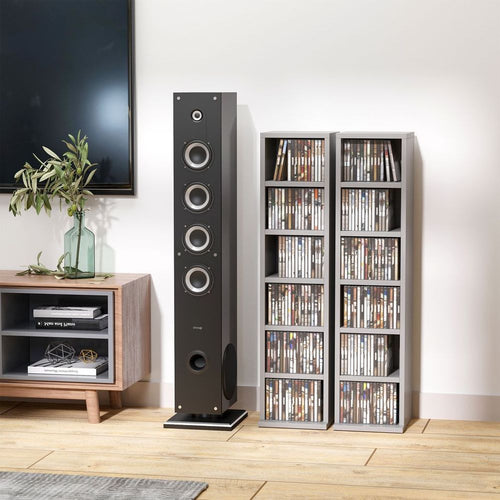 Dual Adjustable CD Media Tower Rack - Stylish Grey Storage Solution