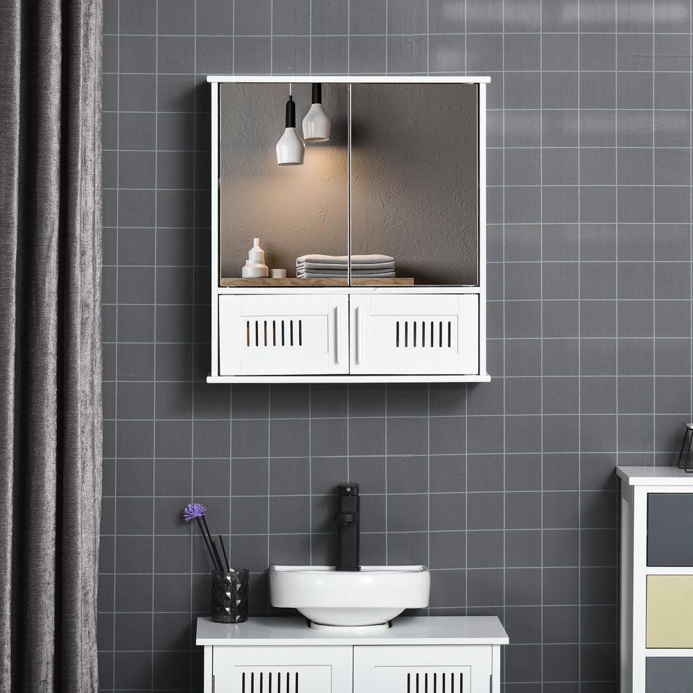 White Wall-Mounted Bathroom Mirror Cabinet with Double Doors & Storage