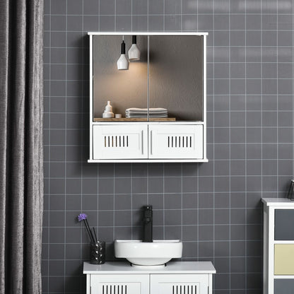 White Wall-Mounted Bathroom Mirror Cabinet with Double Doors & Storage