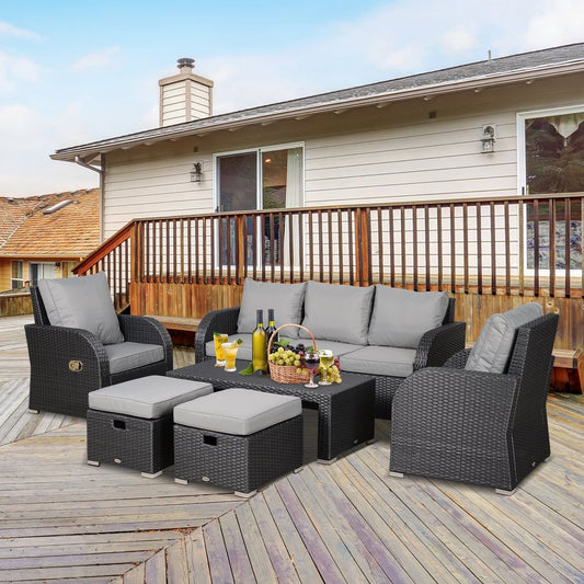 Luxurious 7-Seater Grey Rattan Garden Furniture Set with Reclining Armchairs