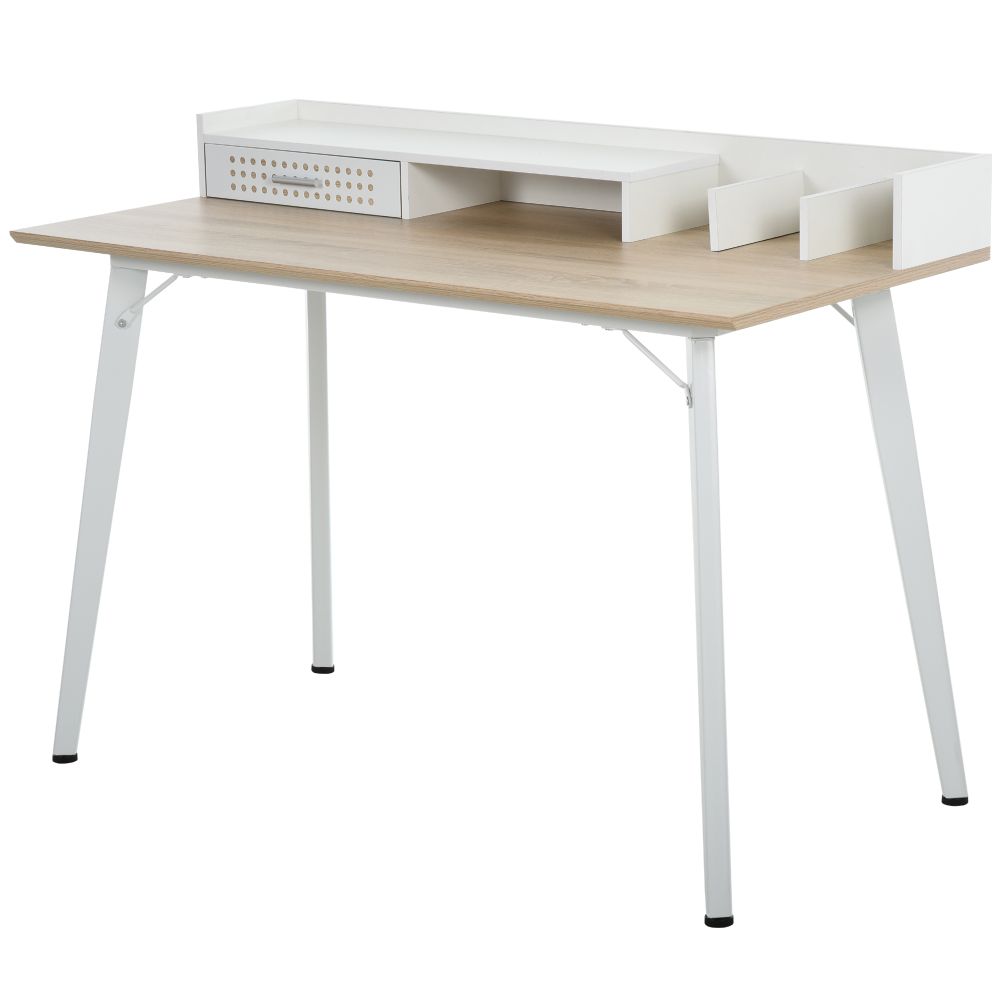 Built-In Storage Desk Workstation Steel w/ Adjustable Feet Drawer White