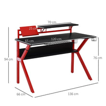 Load image into Gallery viewer, Gaming Desk Computer Table w/ Cup Holder Headphone Hook, Basket, Red
