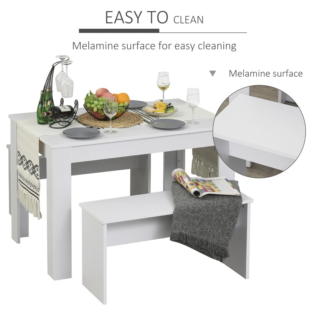 Modern White 3-Piece Particle Board Dining Set with Space-Saving Benches
