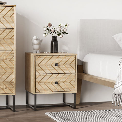 Chic Zig Zag Two-Drawer Bedside Table with Sleek Black Metal Handles