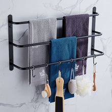 Load image into Gallery viewer, THREE Stagger Layers Towel Rack Upgraded with SIX Movable Hooks Stainless Steel Towel Bars Bathroom Accessories Set for Hanging Bath Sponge and Towels Matte Black 23.62 inches KJWY005HEI-60CM
