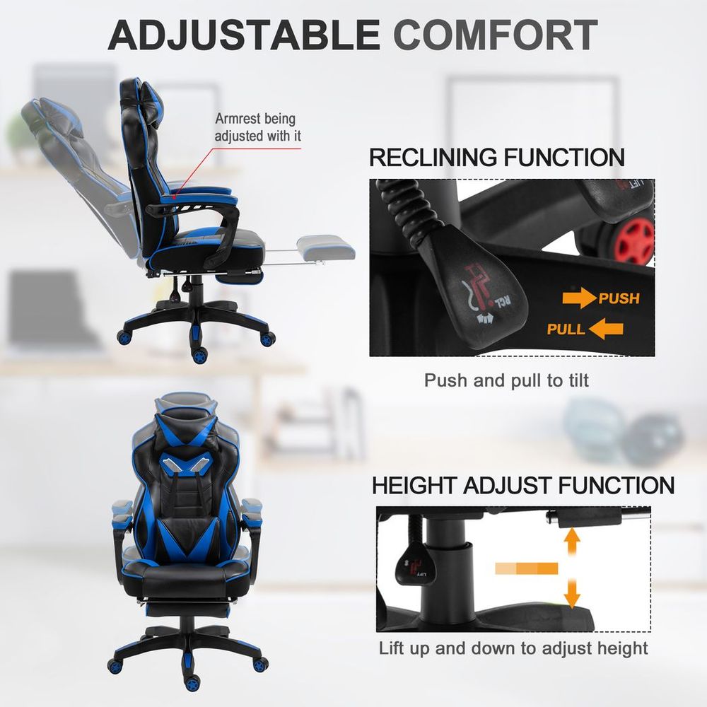 Ultimate Blue Ergonomic Gaming Chair with Reclining Footrest & Stylish Design