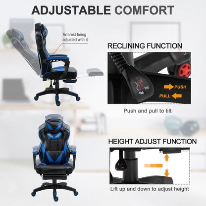 Ultimate Blue Ergonomic Gaming Chair with Reclining Footrest & Stylish Design
