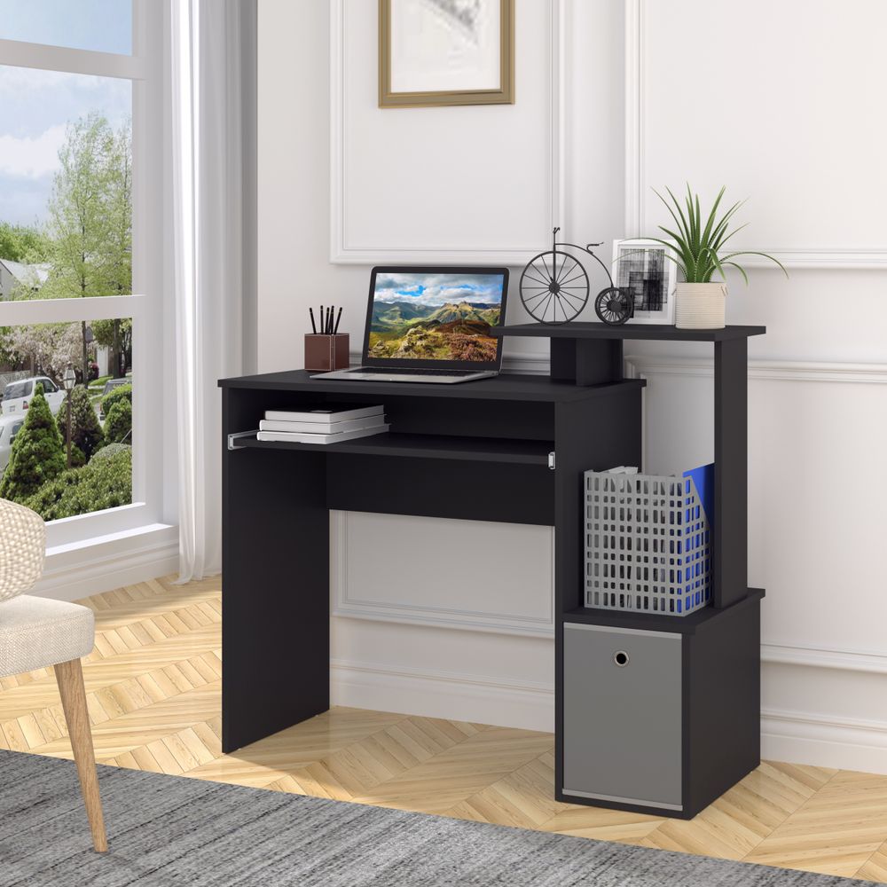 Unique Black Computer Desk with Sliding Keyboard Tray & Storage Solutions