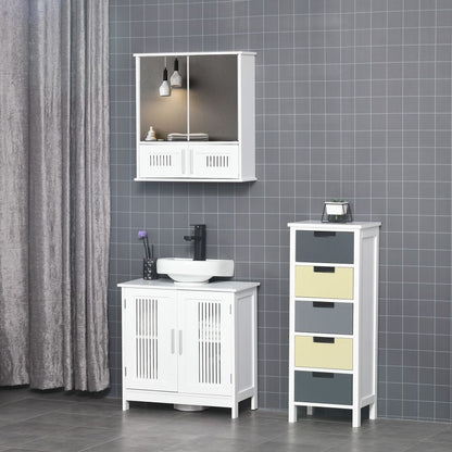 White Wall-Mounted Bathroom Mirror Cabinet with Double Doors & Storage