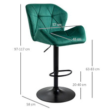 Load image into Gallery viewer, Elegant Green Velvet Bar Stools - Set of 2 with Adjustable Metal Footrest
