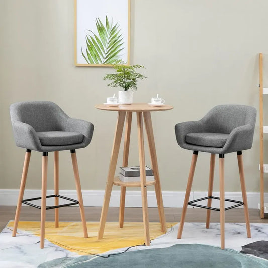 Chic Modern Grey Fabric Bar Stools - Set of 2 with Solid Wood Legs