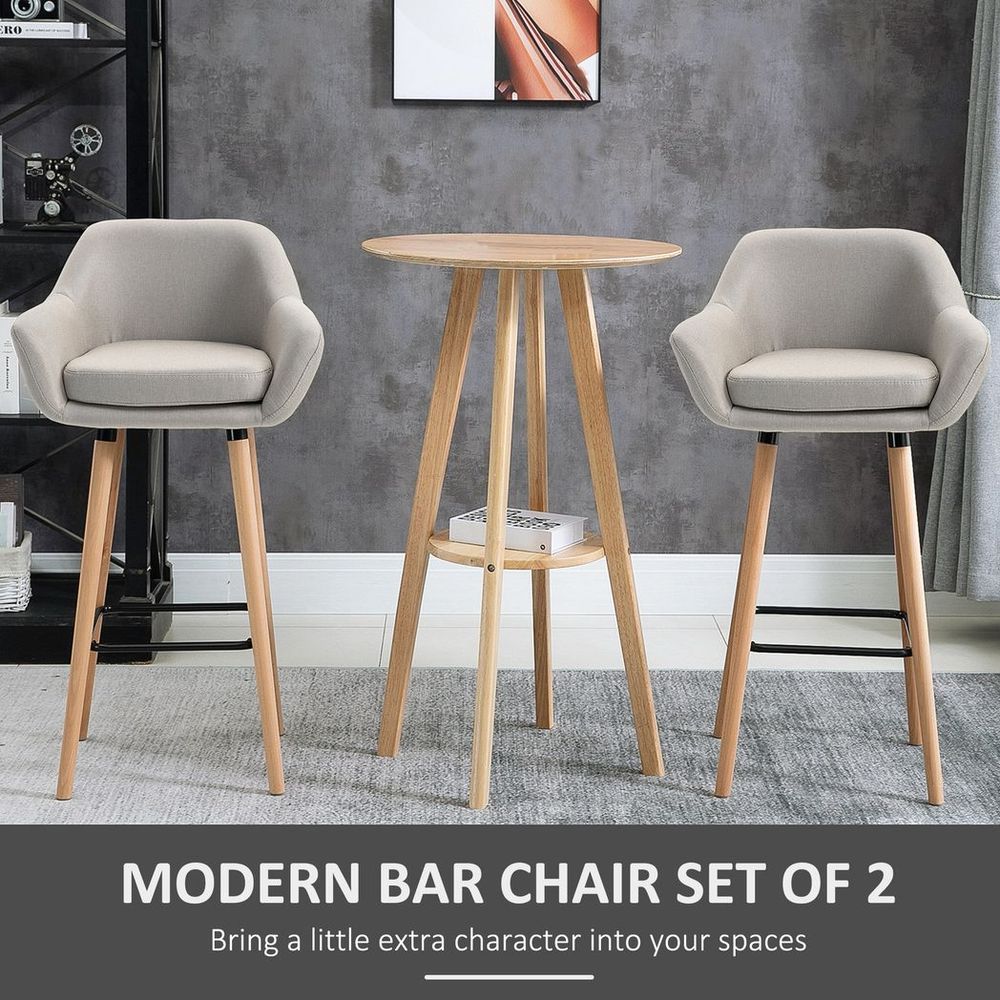 Set of 2 Modern Upholstered Bar Stools with Solid Wood Legs - Beige Comfort