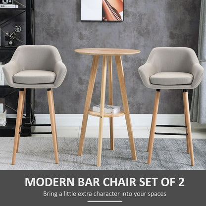 Set of 2 Modern Upholstered Bar Stools with Solid Wood Legs - Beige Comfort