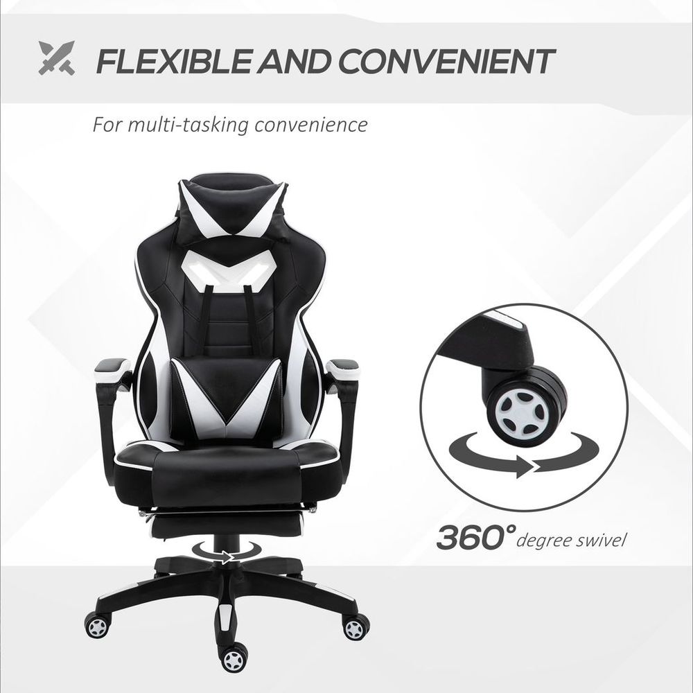 Ergonomic Reclining Gaming Chair with Footrest - Stylish White Office Comfort
