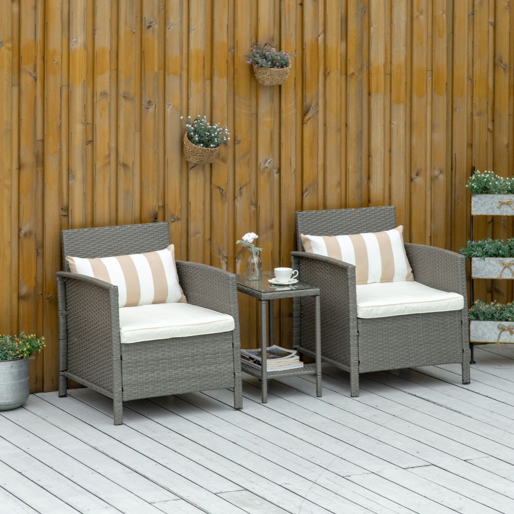 Chic Rattan 2-Seater Bistro Set with Cozy Cushions - Grey & Cream
