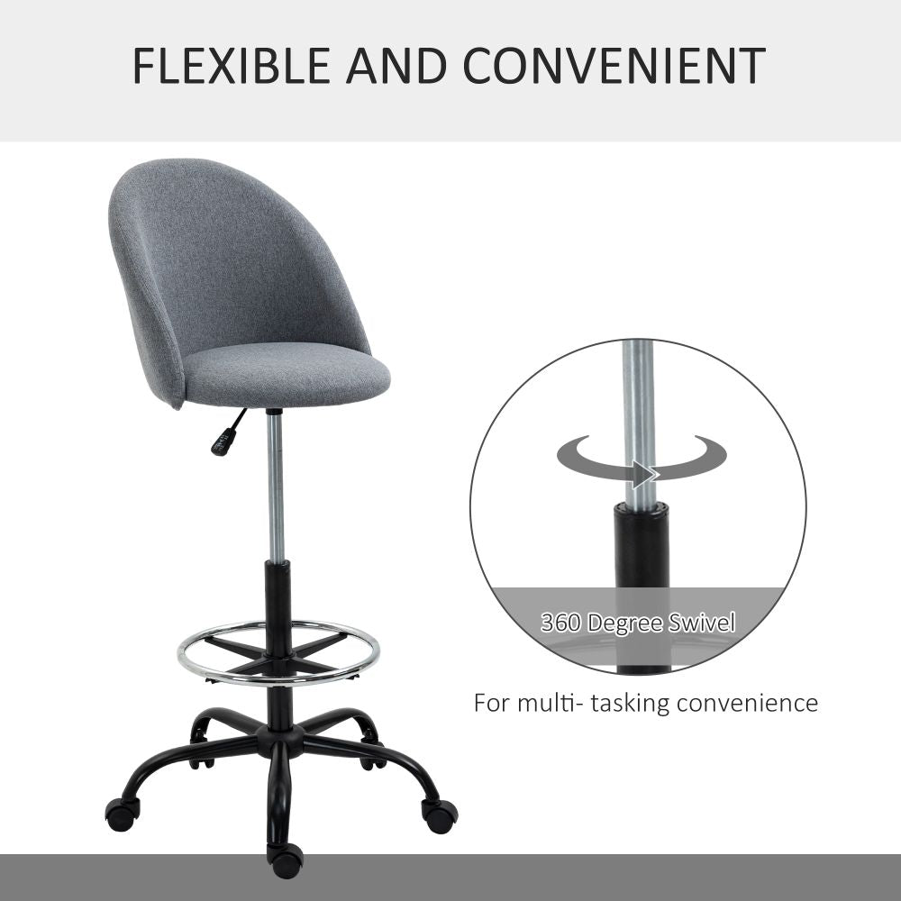 Vinsetto Adjustable Draughtsman Chair - Grey Padded Seat, 5 Wheels for Home Office