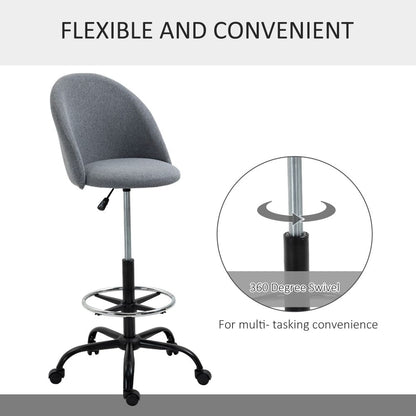 Vinsetto Adjustable Draughtsman Chair - Grey Padded Seat, 5 Wheels for Home Office