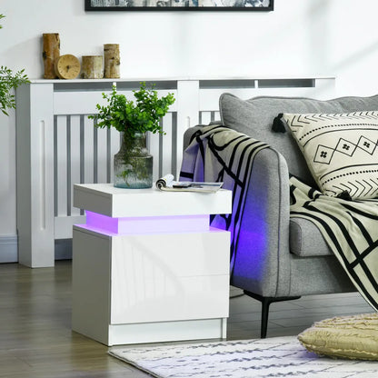 HOMCOM LED Nightstand: Stylish White Bedside Table with 2 Drawers & Lights