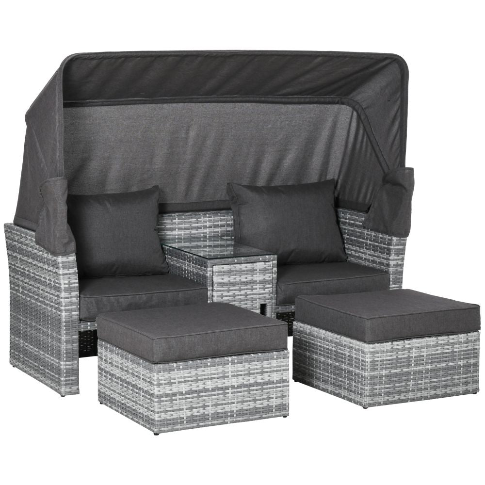 Sun-Kissed PE Rattan Daybed: 2-Seater Sofa with Canopy & Glass Table