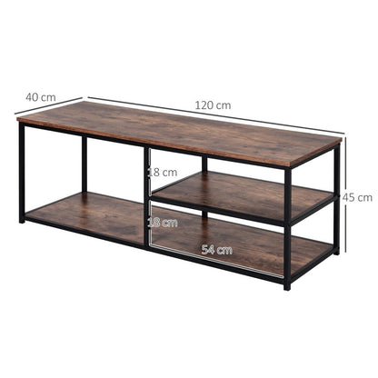Industrial Elegance: Black & Brown Steel Frame TV Stand with Multi-Level Storage