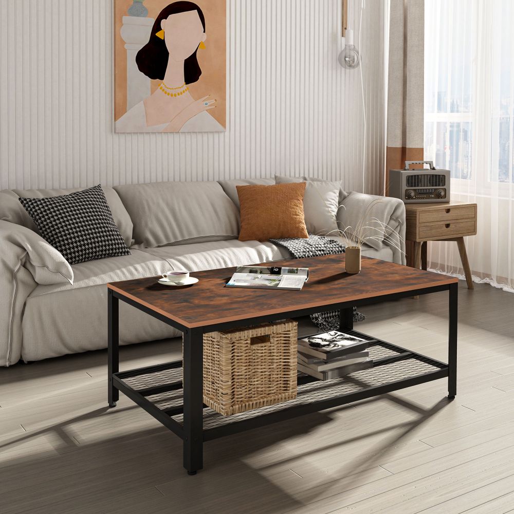 Stylish 2-Tier Coffee Table with Storage - Rustic Wood Grain & Black Frame