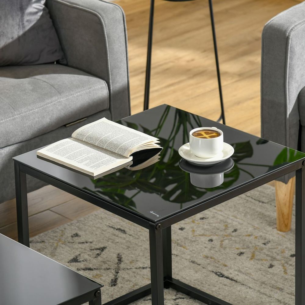 Elegant Nesting Side Tables Set with Tempered Glass Top - Modern Black Design