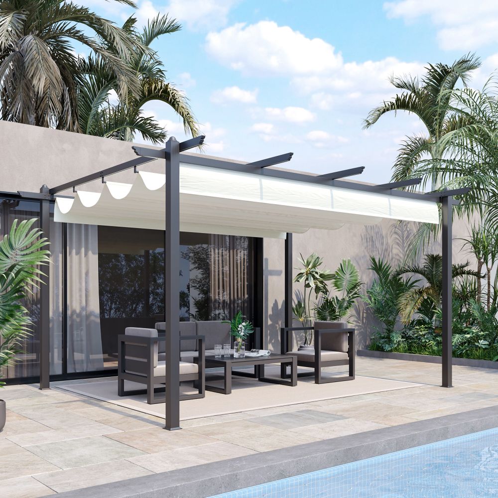 Adjustable 4x3m Aluminum Pergola Gazebo with Retractable Canopy - Cream White
