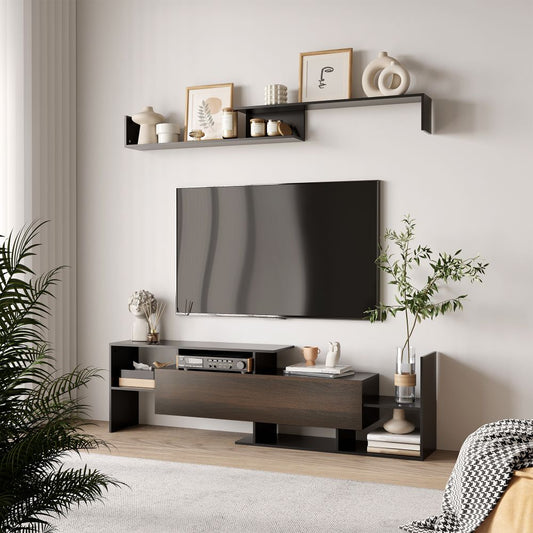 Modern HOMCOM TV Cabinet & Floating Shelf Set - Stylish Black & Brown Design