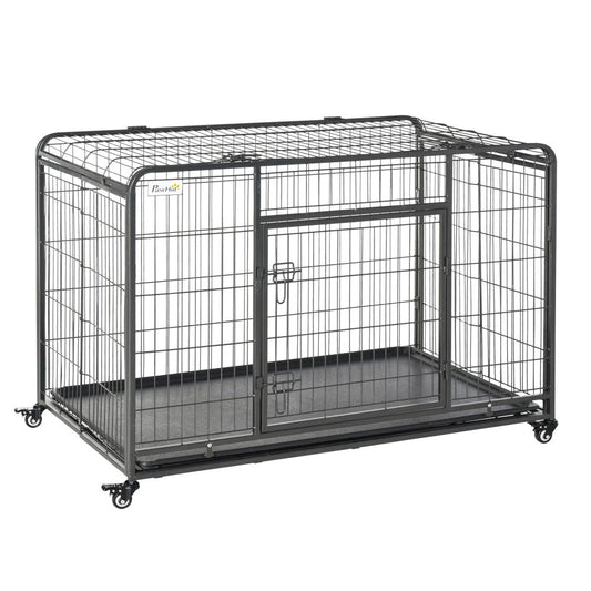 Extra Large PawHut Metal Dog Kennel with Locking Door & Mobility Wheels