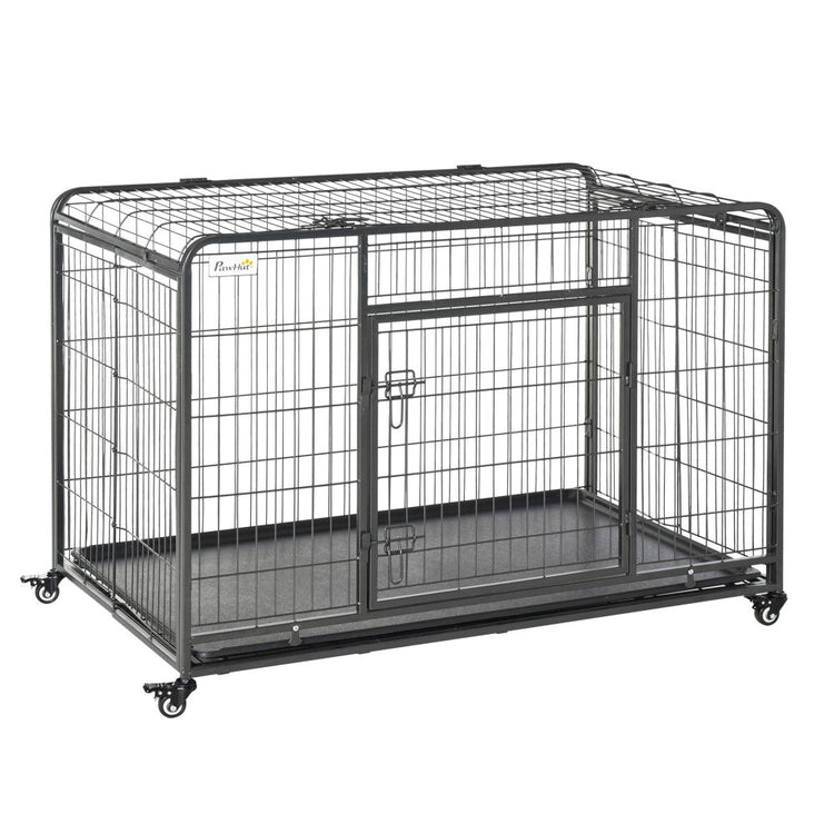 Extra Large PawHut Metal Dog Kennel with Locking Door & Mobility Wheels