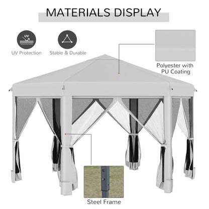 Hexagonal 3.2m Pop-Up Gazebo with Mesh Walls & Carry Bag - Light Grey Comfort