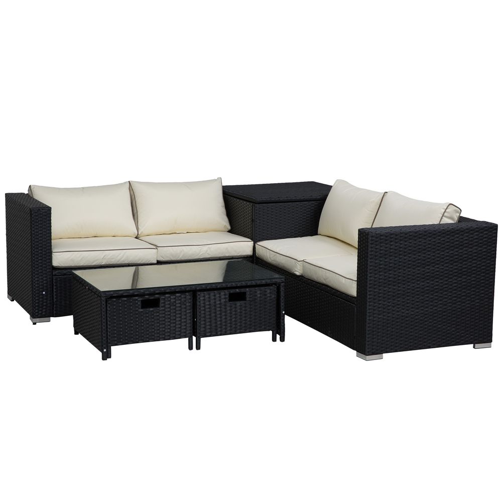 Stylish 4-Piece Rattan Wicker Garden Sofa Set with Storage & Table - Black