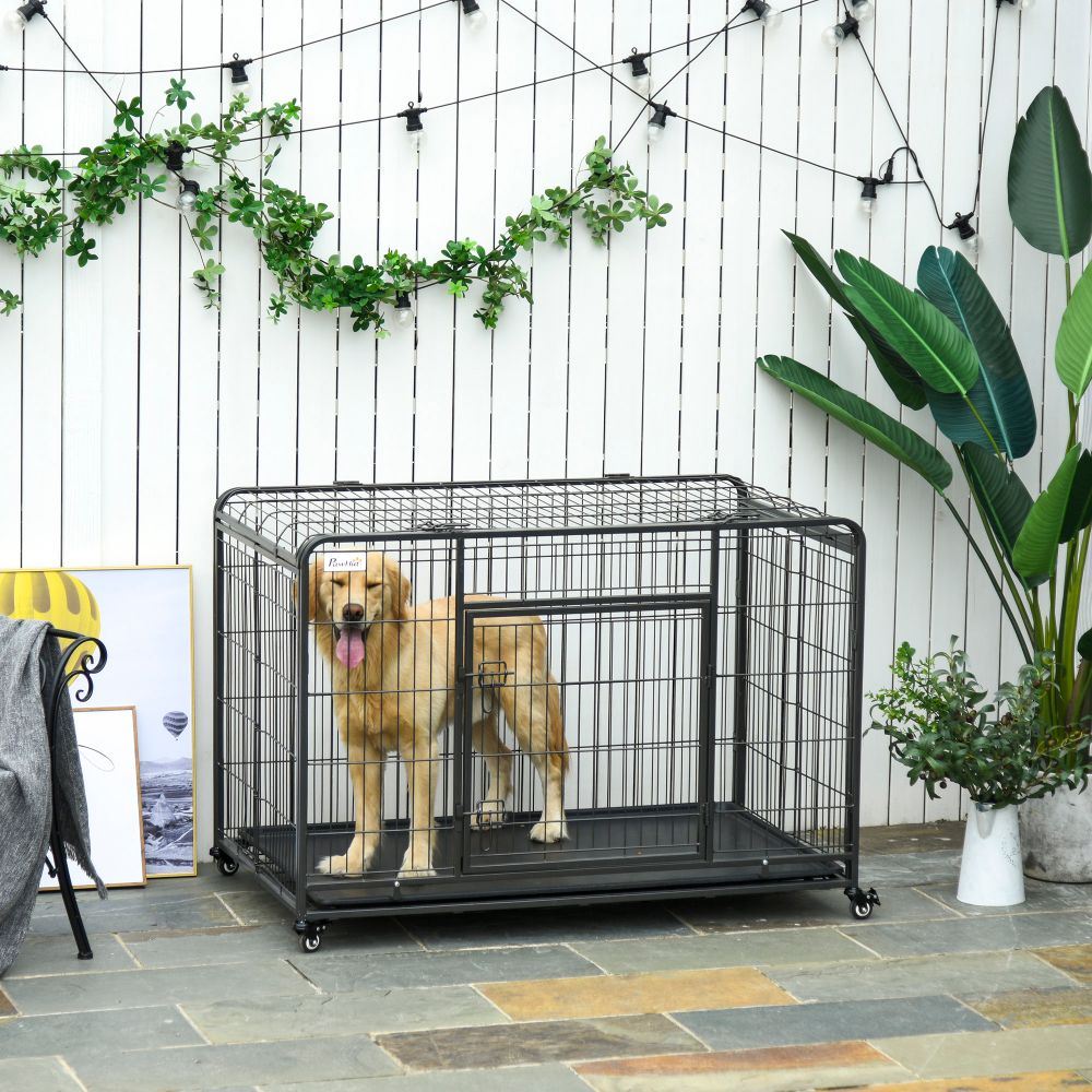 Extra Large PawHut Metal Dog Kennel with Locking Door & Mobility Wheels
